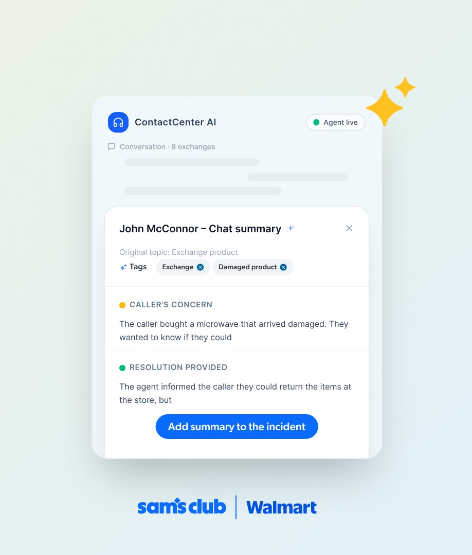 ContactCenter AI chat summary showing the caller's concern, the resolution and an Add summary to the incident button