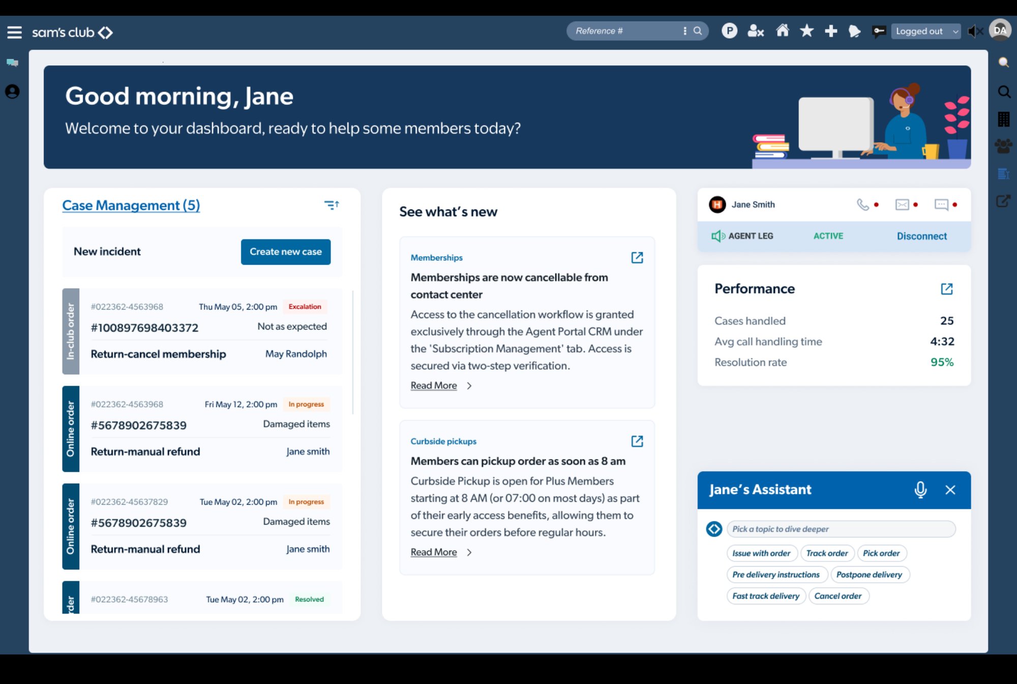 Advocate dashboard: greeting, case management queue, updates, performance and an assistant