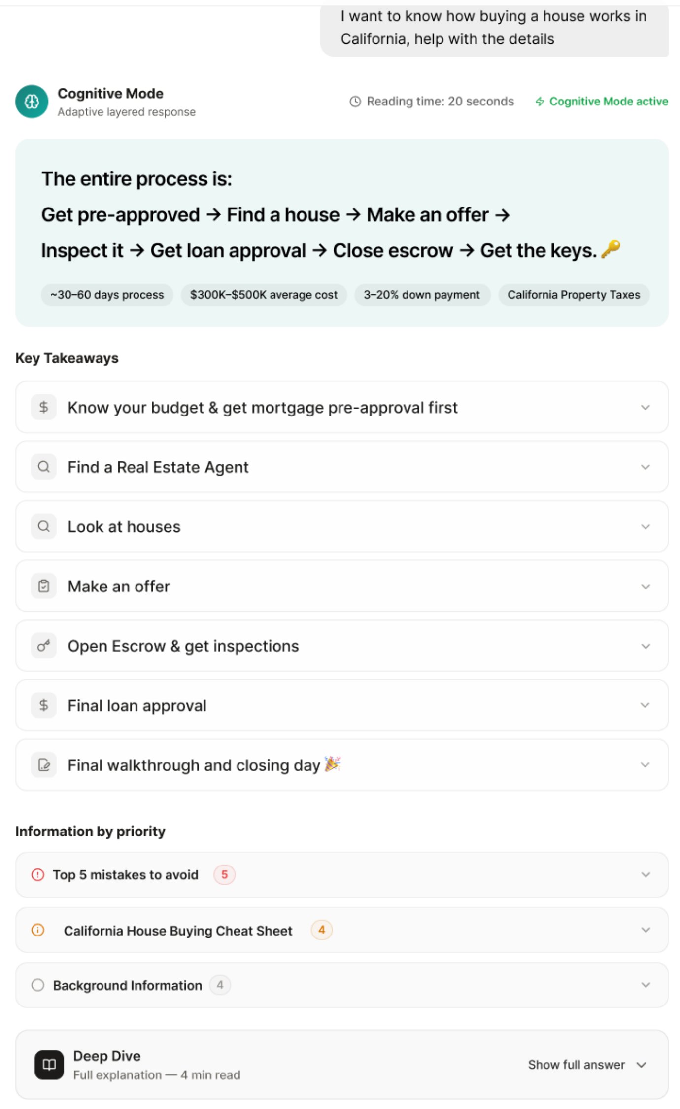 Cognitive Mode: the same answer as a one-line process summary, key takeaways and a deep-dive option, with a 20-second reading time