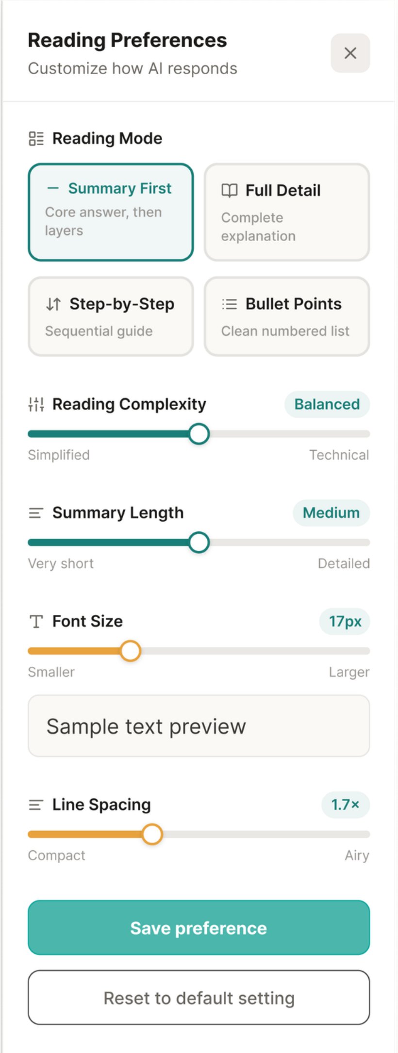 Reading Preferences panel with reading mode, complexity, summary length, font size and line spacing controls